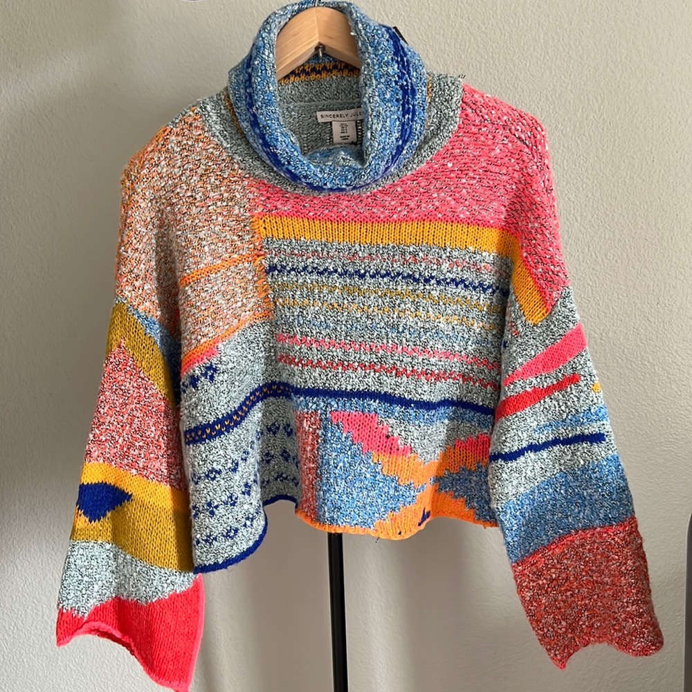 Sincerely Jules Cowl Neck Bell Sleeve Cropped Abstract Pattern Cozy Sweater